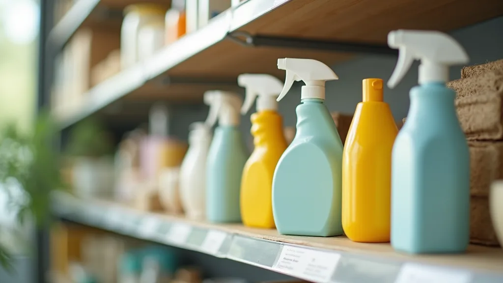 Close-up view of eco-friendly cleaning products on a shelf