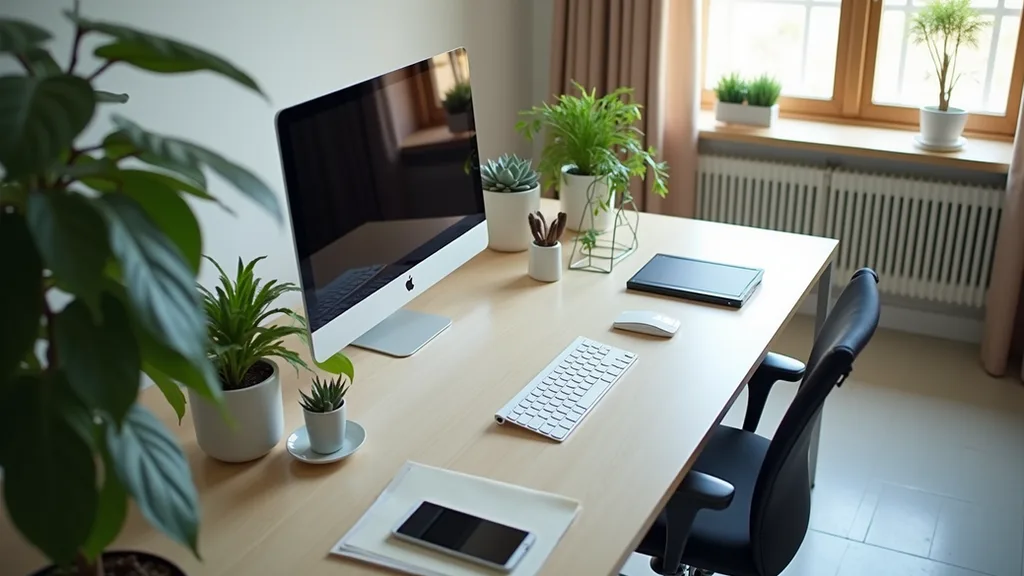 High angle view of a clean and organized office desk with a computer and plants