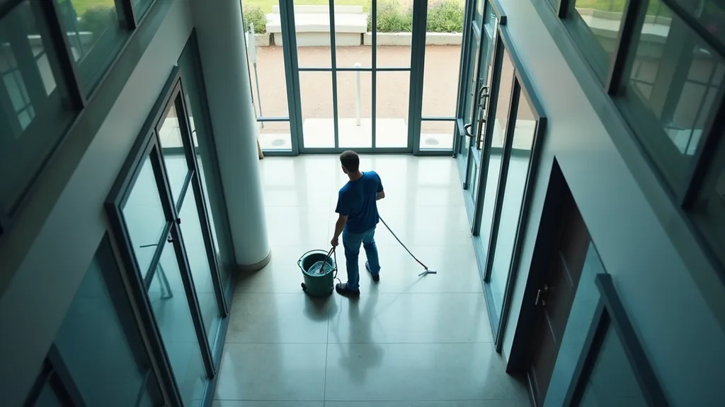 High angle view of a professional cleaner inspecting a commercial building