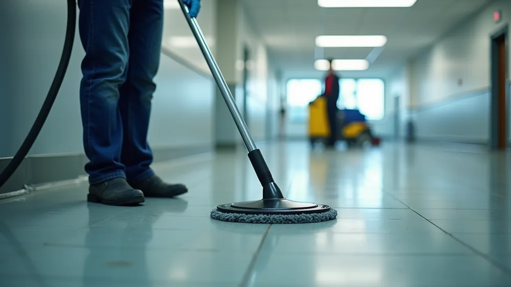 High angle view of a professional cleaner using equipment on a commercial floor