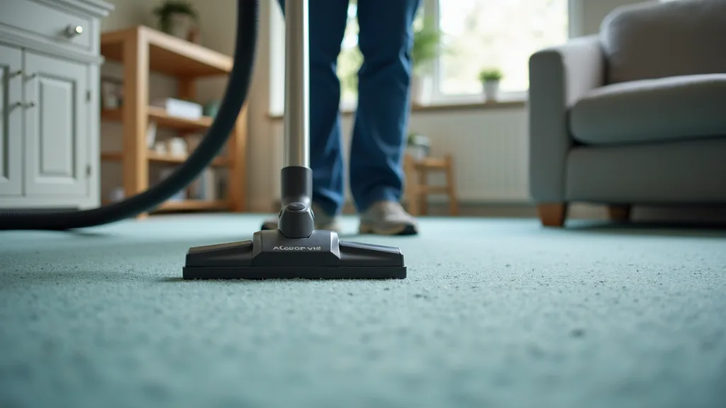 High angle view of a professional cleaner vacuuming a carpet