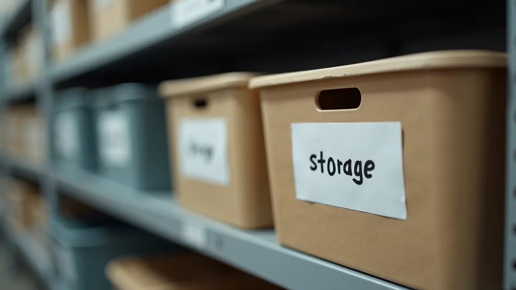 Close-up view of labeled storage bins neatly arranged on a shelf