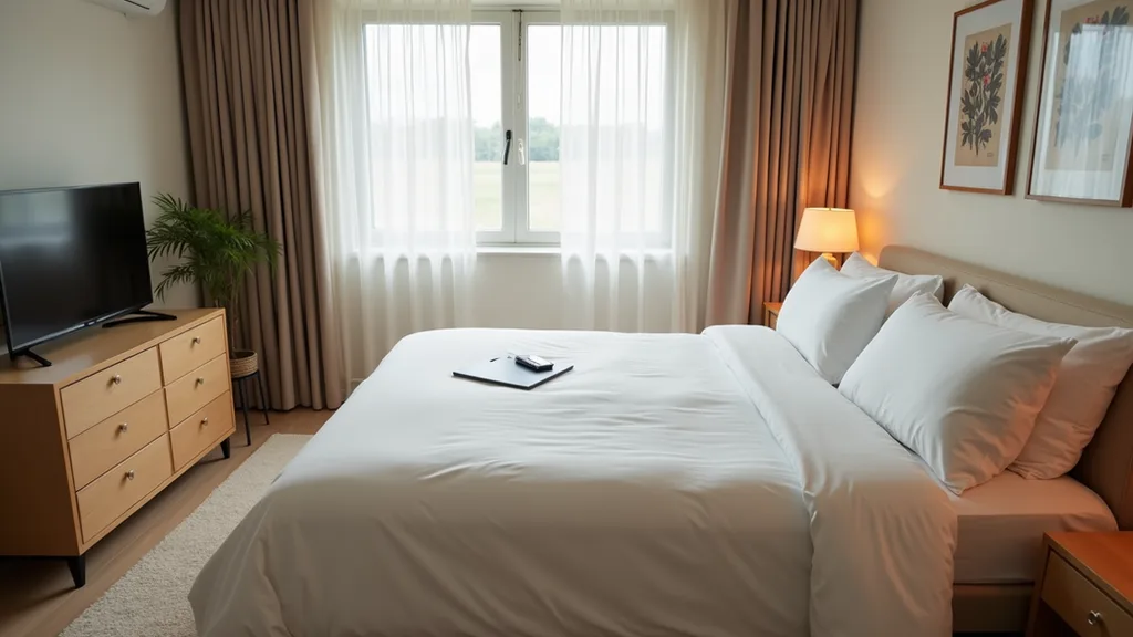 High angle view of a freshly made bed in a vacation rental bedroom