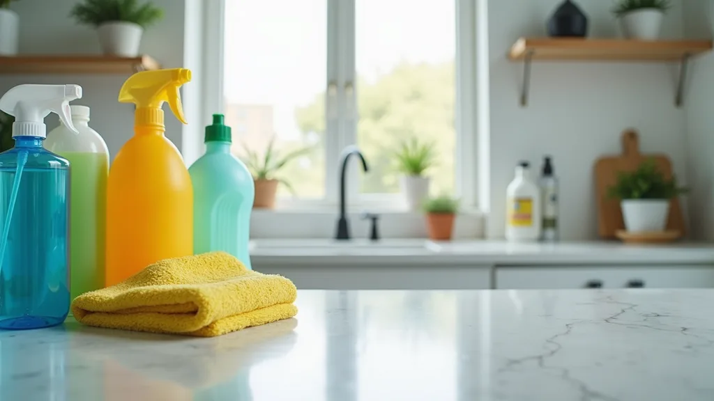 Close-up view of cleaning supplies arranged neatly on a countertop