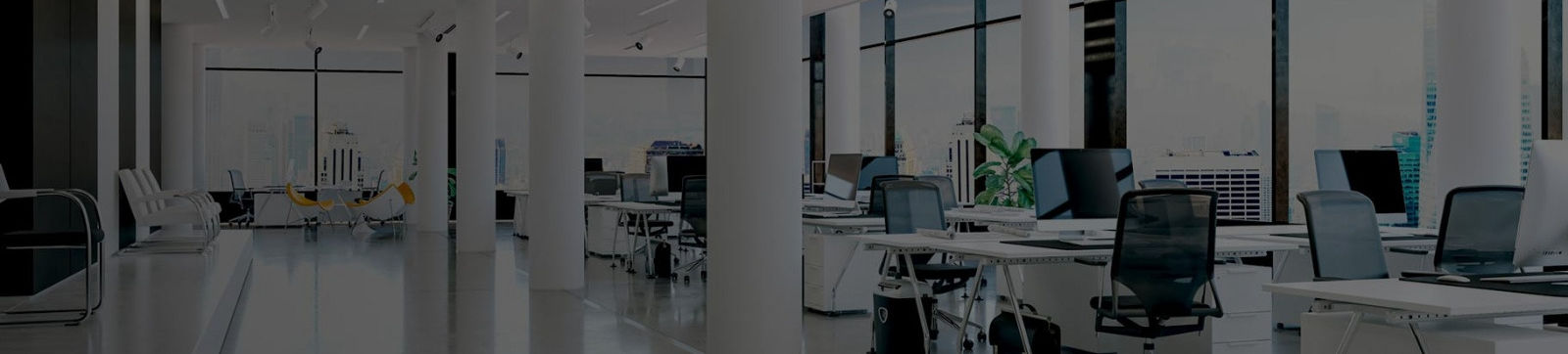A bright, open office with desks and shared work areas
